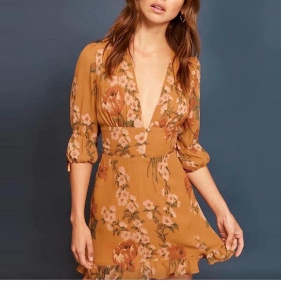 Reformation Dresses & Skirts - Reformation Scarlett V-Neck Mini Dress Orange Floral Size 4